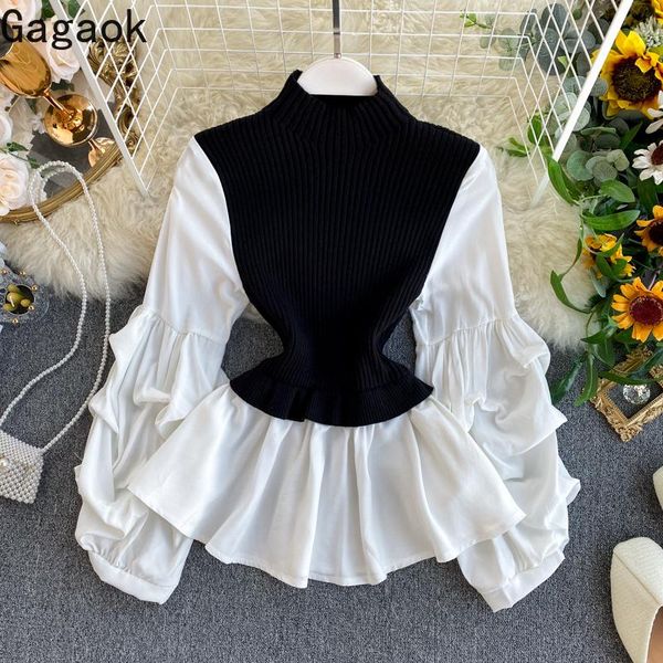 women's blouses & shirts gagaok women knitted spliced blouse spring autumn solid turtleneck puff sleeve high street slim wild female fa, White
women's blouses & shirts gagaok women knitted spliced blouse spring autumn solid turtleneck puff sleeve high street slim wild female fa, White