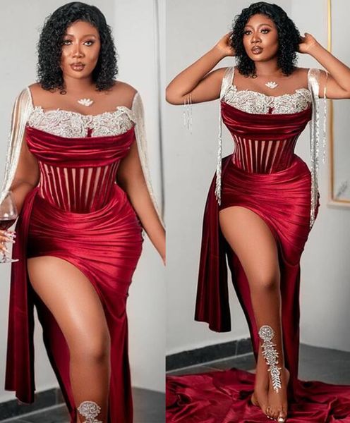2021 plus size arabic aso ebi burgundy velvet prom dresses lace beaded high split evening formal party second reception gowns dress zj774, Black
2021 plus size arabic aso ebi burgundy velvet prom dresses lace beaded high split evening formal party second reception gowns dress zj774, Black