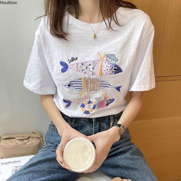 women's t-shirt houthion embroidery short sleeve loose tshirt fashion casual korean solid t shirt o-neck summer, White
women's t-shirt houthion embroidery short sleeve loose tshirt fashion casual korean solid t shirt o-neck summer, White