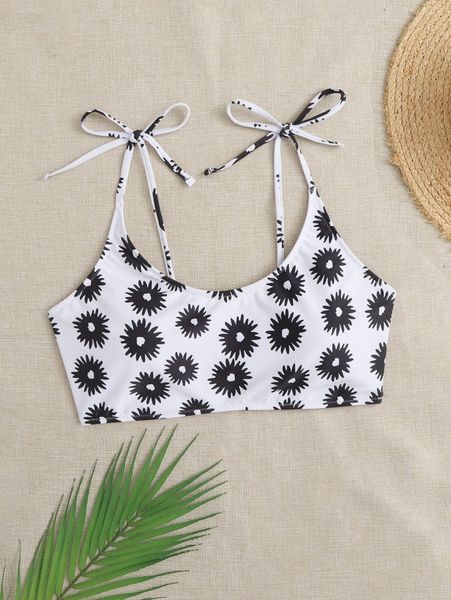 plus allover print tie shoulder bikini s3ql#, Black