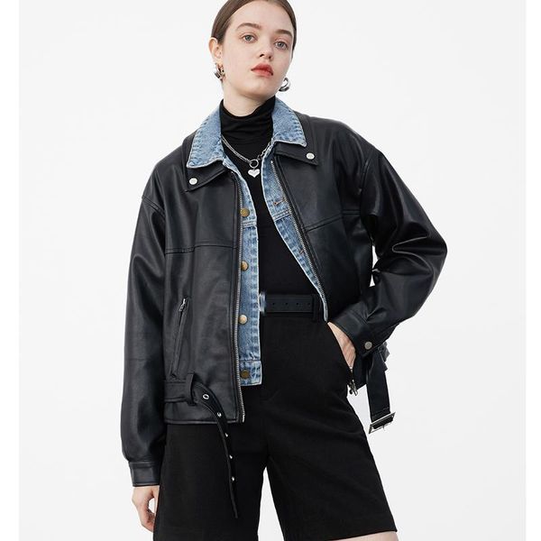 women's leather & faux women jacket autumn 2021 fashion patchwork denim turn down collar coat pu motorcycle jackets loose streetwear ou, Black
women's leather & faux women jacket autumn 2021 fashion patchwork denim turn down collar coat pu motorcycle jackets loose streetwear ou, Black