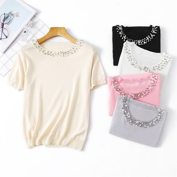 women o-neck beading sweater summer vintage short sleeved pluuover ladies basic black knitted sweaters 210602, White;black
women o-neck beading sweater summer vintage short sleeved pluuover ladies basic black knitted sweaters 210602, White;black