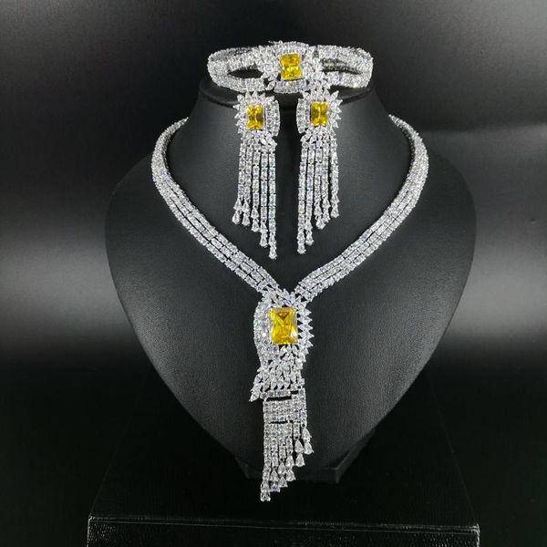 earrings & necklace 2021 fashion luxury tassel yellow square zircon bracelet wedding bridal banquet dressing jewelry set, Silver 
earrings & necklace 2021 fashion luxury tassel yellow square zircon bracelet wedding bridal banquet dressing jewelry set, Silver