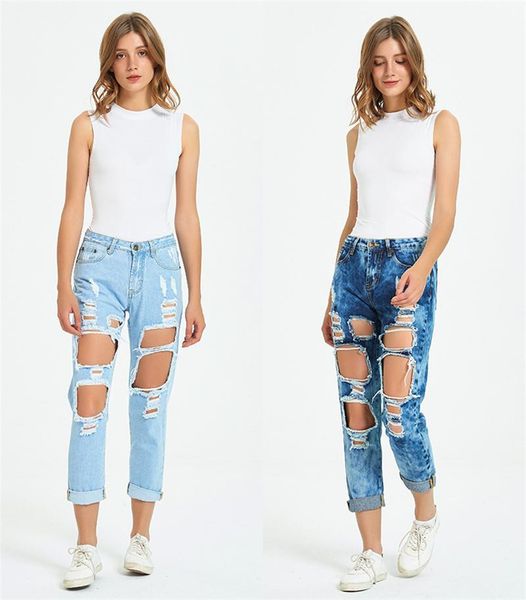 women's jeans ripped denim loose straight trousers ninth pants wholesale foreign trade, Blue
women's jeans ripped denim loose straight trousers ninth pants wholesale foreign trade, Blue