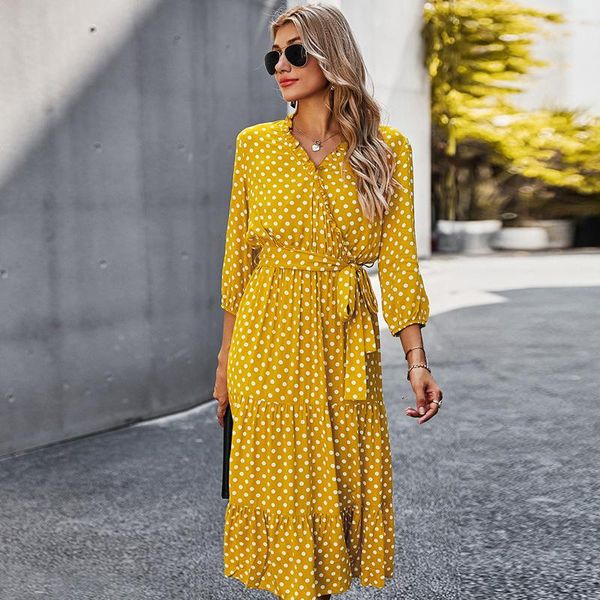 women long classic polka dot printed dresses loose dress female three quarter sleeve soft v-neck robe feminine spring summer casual, Black;gray
women long classic polka dot printed dresses loose dress female three quarter sleeve soft v-neck robe feminine spring summer casual, Black;gray