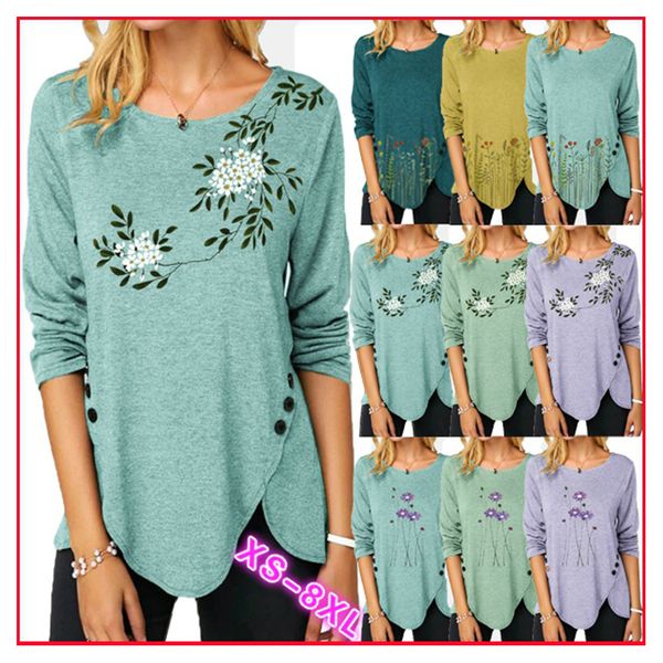 fashion casual tunic women round neck long sleeve floral printed button loose plus size cotton irregular pullover t shirt, White
fashion casual tunic women round neck long sleeve floral printed button loose plus size cotton irregular pullover t shirt, White