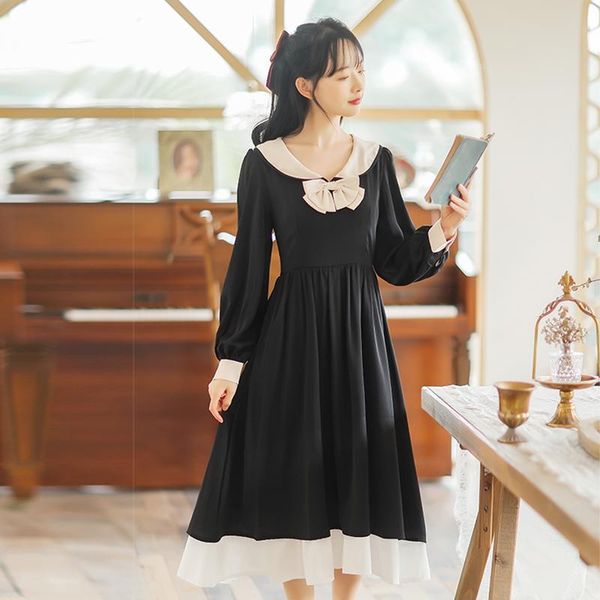 french retro gentle bow stitching long sleeve chiffon kawaii elegant dress women vestidos casual dresses, Black;gray
french retro gentle bow stitching long sleeve chiffon kawaii elegant dress women vestidos casual dresses, Black;gray
