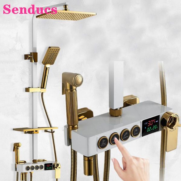digital bathroom shower set senducs quality abs rainfall head brass mixer tap white gold thermostatic sets
digital bathroom shower set senducs quality abs rainfall head brass mixer tap white gold thermostatic sets