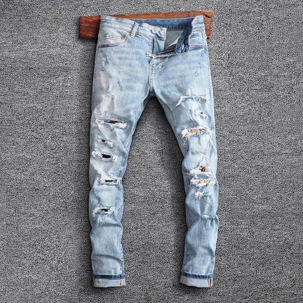 men's jeans street style fashion men retro light blue elastic slim fit destroyed ripped patches designer hip hop denim pants
men's jeans street style fashion men retro light blue elastic slim fit destroyed ripped patches designer hip hop denim pants