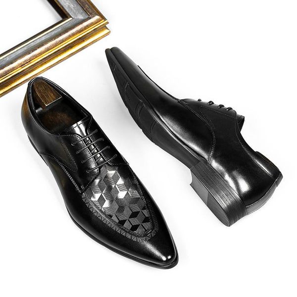 dress shoes black genuine leather derby style with geometric cube pattern, pointed toe, and bonded insole material men
dress shoes black genuine leather derby style with geometric cube pattern, pointed toe, and bonded insole material men