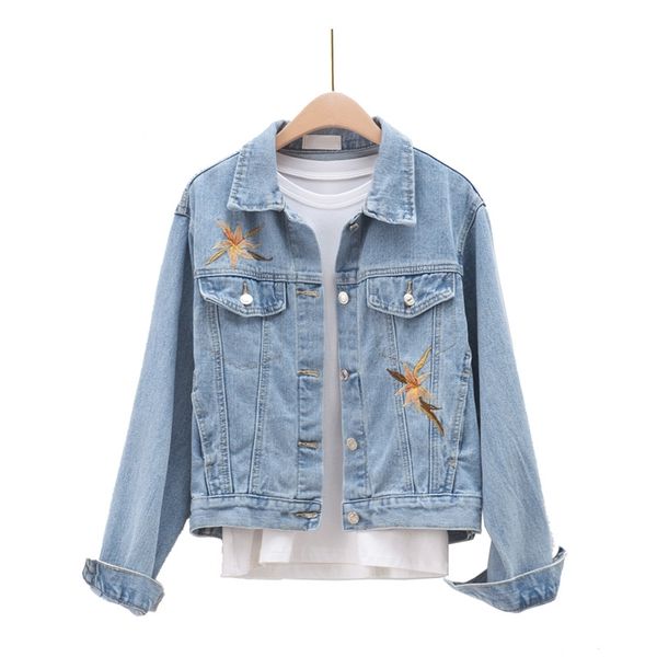 women denim blue jacket button pocket long sleeves turn down collar floral embroidery c0160 210514, Black;brown 
women denim blue jacket button pocket long sleeves turn down collar floral embroidery c0160 210514, Black;brown