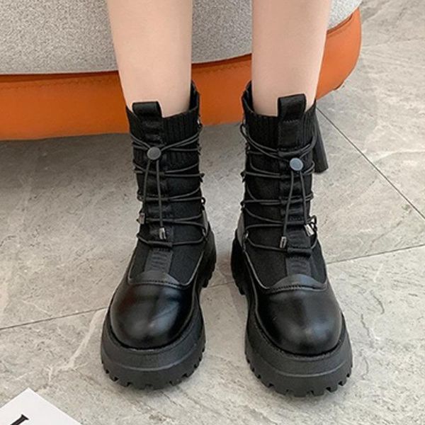 boots women soft leather round toe ankle non slip female laxe up sock thick bottom autumn spring shoes 2021, Black