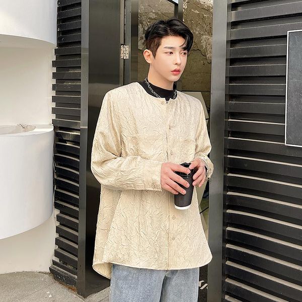 men's casual shirts spring summer loose collarless pleated vintage fashion long sleeve shirt men style coat for women, White;black
men's casual shirts spring summer loose collarless pleated vintage fashion long sleeve shirt men style coat for women, White;black