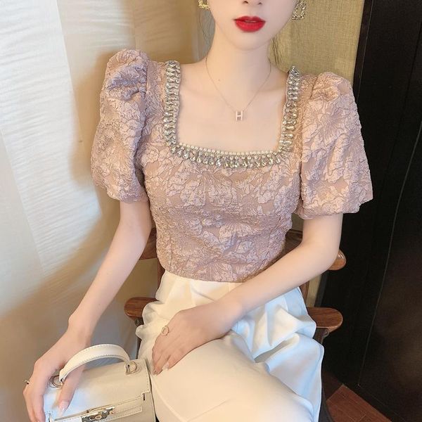 women's t-shirt 2021 women fashion clothing vintage bubble sleeve bead square collar crop woman tshirts camisas de mujer elegantes, White
women's t-shirt 2021 women fashion clothing vintage bubble sleeve bead square collar crop woman tshirts camisas de mujer elegantes, White