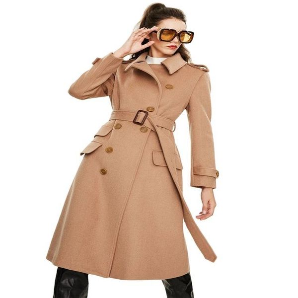women's wool & blends autumn and winter fashion lace up slim handsome dislocation double breasted medium long coat, Black
women's wool & blends autumn and winter fashion lace up slim handsome dislocation double breasted medium long coat, Black
