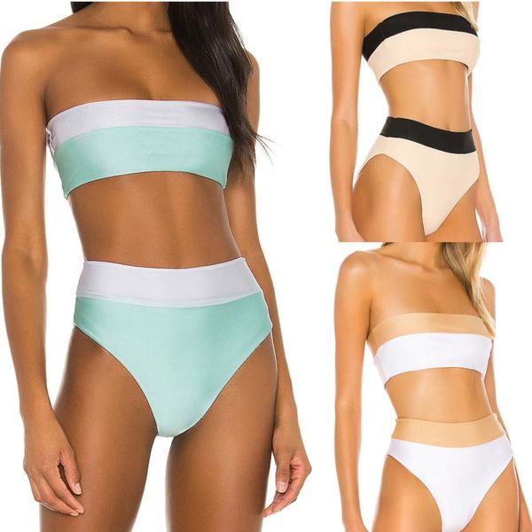swimsuit women's solid color panel flat chest high waist bikini split fashion women swimwear, White;black
swimsuit women's solid color panel flat chest high waist bikini split fashion women swimwear, White;black