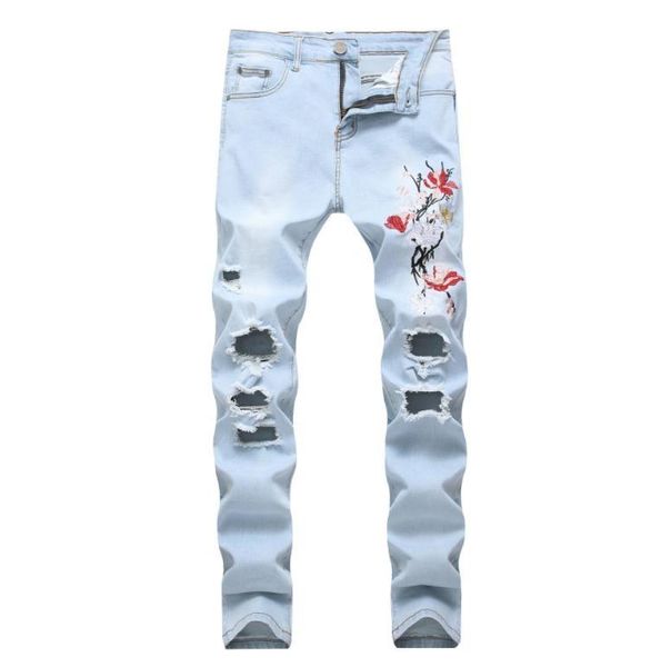 men's jeans light mens blue ripped rose flower embroidery hole stretch denim straight destroyed fashion pants for men size 40 42
men's jeans light mens blue ripped rose flower embroidery hole stretch denim straight destroyed fashion pants for men size 40 42