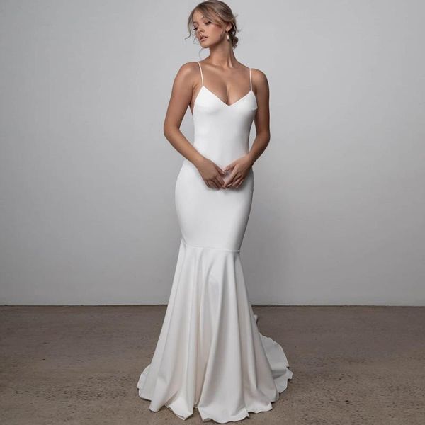 other wedding dresses simple satin 2021 v-neck spaghetti strap gowns pleat mermaid backless bridal dress robe de mariée, White
other wedding dresses simple satin 2021 v-neck spaghetti strap gowns pleat mermaid backless bridal dress robe de mariée, White