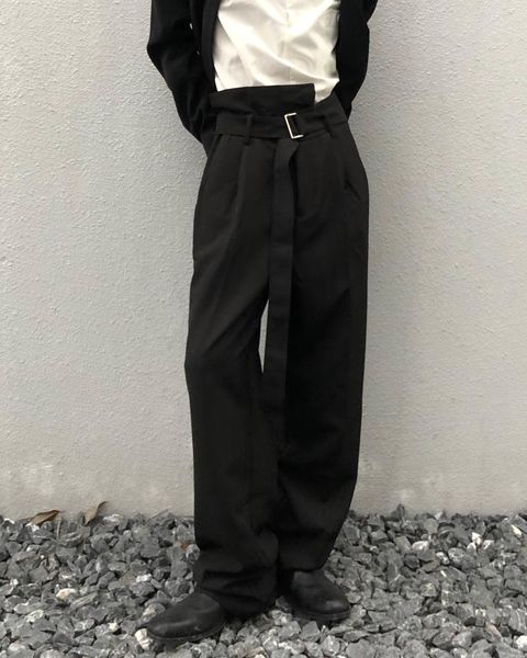 men's pants original irregular high waist drape belt suit four seasons loose casual s-6xl big yards trousers, Black
