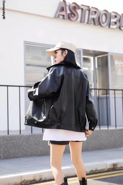 women's leather & faux 2021 spring short oversized jacket women drop shoulder long sleeve zipper light jackets for, Black
women's leather & faux 2021 spring short oversized jacket women drop shoulder long sleeve zipper light jackets for, Black