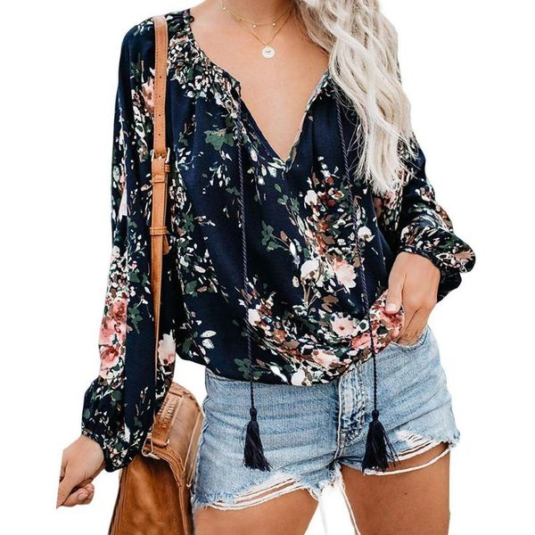 women boho floral print tassel drawstring v neck long sleeve loose blouse women's blouses & shirts, White
women boho floral print tassel drawstring v neck long sleeve loose blouse women's blouses & shirts, White