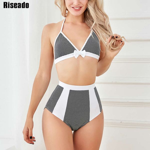 set riseado dot bikini high waist swimsuit halter swimwear women knotted bathing suits bow swim wear vintage biquini, White;black
set riseado dot bikini high waist swimsuit halter swimwear women knotted bathing suits bow swim wear vintage biquini, White;black