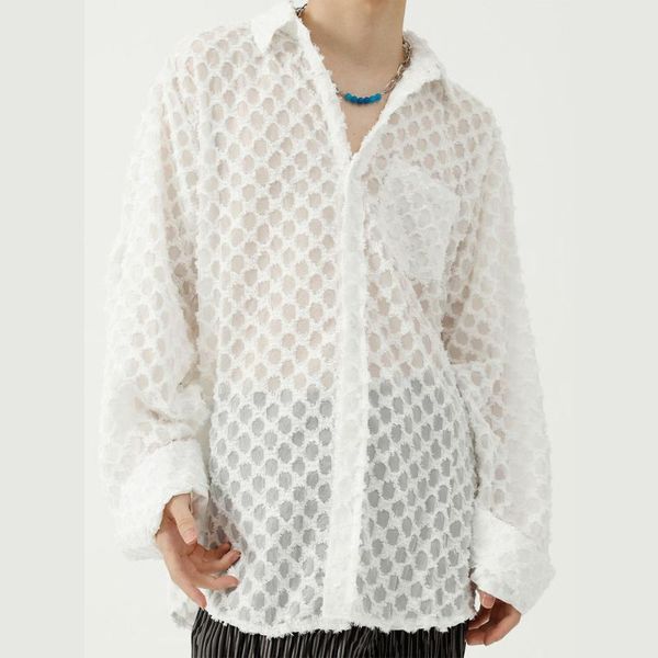 men's casual shirts translucent diamond hollow shirt design loose long sleeve streetwear vintage fashion sunscreen man women, White;black
men's casual shirts translucent diamond hollow shirt design loose long sleeve streetwear vintage fashion sunscreen man women, White;black