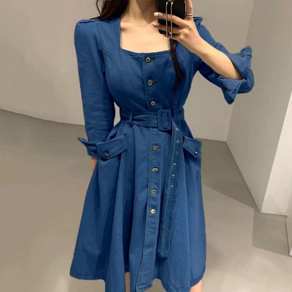casual dresses denim dress women korean elegant square collar puff sleeve robe high waist belt single breasted big swing vestidos, Black;gray
casual dresses denim dress women korean elegant square collar puff sleeve robe high waist belt single breasted big swing vestidos, Black;gray