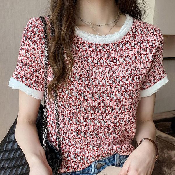 women's t-shirt retro summer ice silk short sleeve women t-shirts tassel button patchwork knitted top, White
women's t-shirt retro summer ice silk short sleeve women t-shirts tassel button patchwork knitted top, White