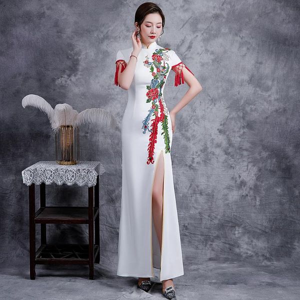 white floral qipao with tassel high split cheongsam slim long chinese dress elegant stage show big size 3xl ethnic clothing, Red
white floral qipao with tassel high split cheongsam slim long chinese dress elegant stage show big size 3xl ethnic clothing, Red