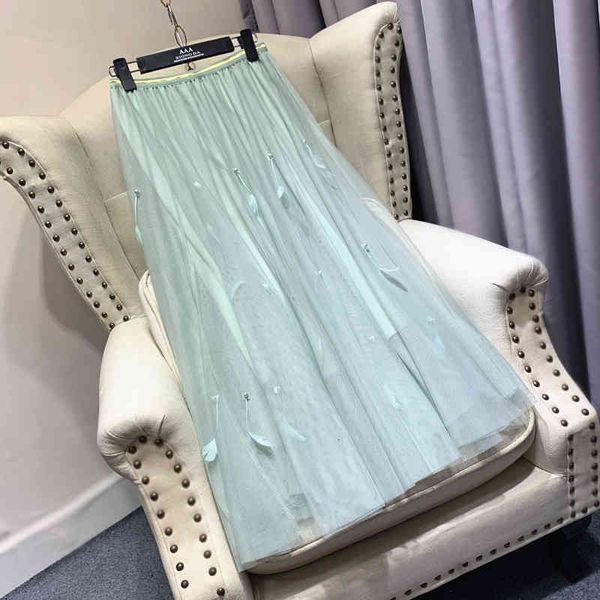skirts spring feather beaded decorated maxi long tulle a-line pleated ankle cviw, Black