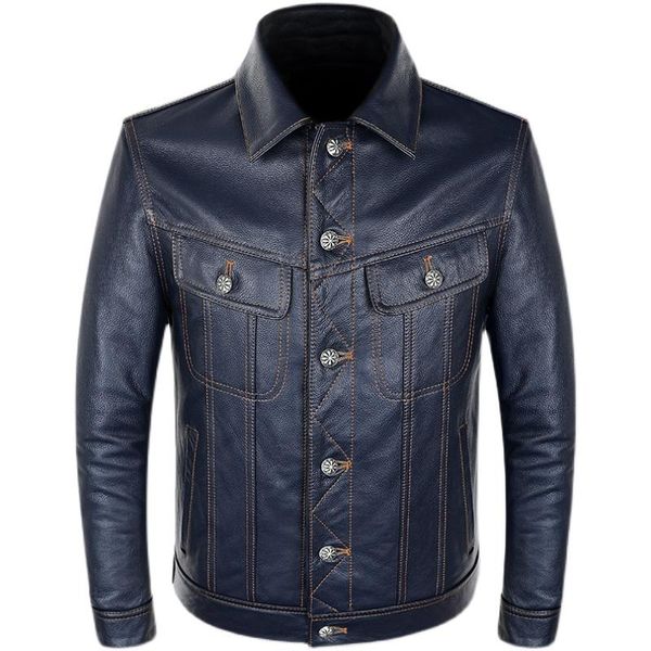 men's leather & faux 2021 blue cowboy genuine jacket natural cowhide slim short coat casual style single breasted clothes, Black
men's leather & faux 2021 blue cowboy genuine jacket natural cowhide slim short coat casual style single breasted clothes, Black