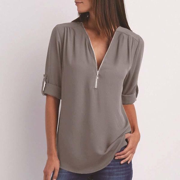 women's blouses & shirts zipper short sleeve women v neck solid womens casual tee female clothes plus size, White
women's blouses & shirts zipper short sleeve women v neck solid womens casual tee female clothes plus size, White