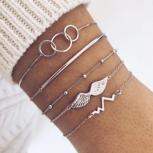 link, chain european and american style ecg wing bracelet personalized beaded round circle simple 5 piece set, Black
link, chain european and american style ecg wing bracelet personalized beaded round circle simple 5 piece set, Black