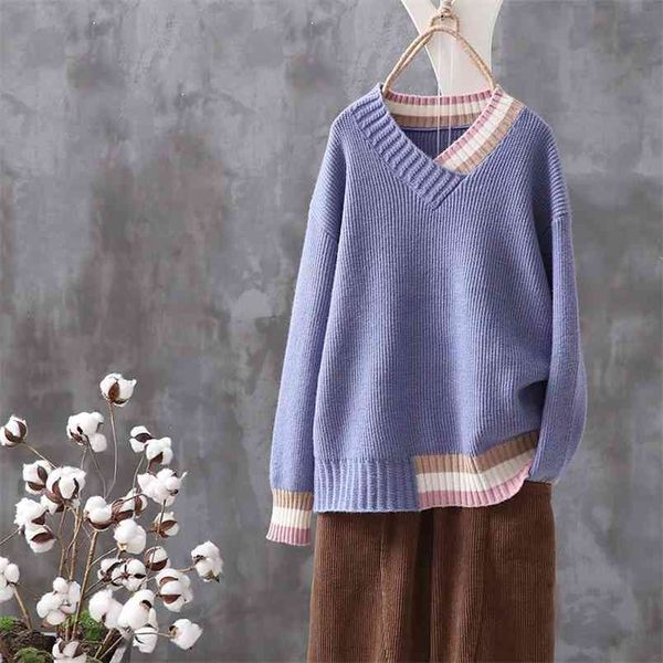spring and autumn v-neck color matching sweater women loose wild lazy wind bottoming 210427, White;black
spring and autumn v-neck color matching sweater women loose wild lazy wind bottoming 210427, White;black