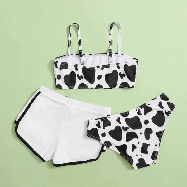 women's swimwear girls' summer cute crisscross back cow floral print three-piece swimsuit and swimming trunks traje de bano, White;black
women's swimwear girls' summer cute crisscross back cow floral print three-piece swimsuit and swimming trunks traje de bano, White;black