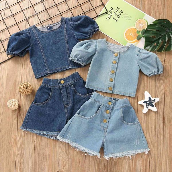 1 6y summer kids girls fashion clothes sets 2pcs solid denim puff sleeve t shirts button shorts 2 colors, White
1 6y summer kids girls fashion clothes sets 2pcs solid denim puff sleeve t shirts button shorts 2 colors, White