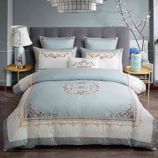 luxury egyptian cotton chic crown embroidery duvet cover blue white patchwork king size bedding bed sheet set
luxury egyptian cotton chic crown embroidery duvet cover blue white patchwork king size bedding bed sheet set