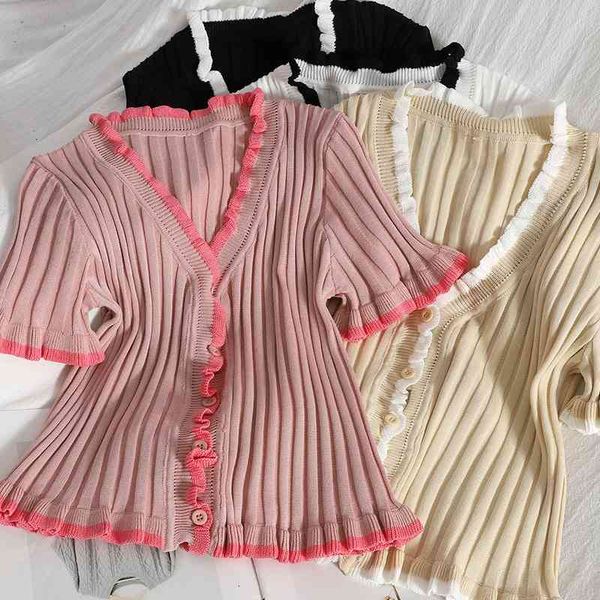 women's sweaters retro knit contrasting color ruffles small cardigan wild sweet slim knit sweater summer buttoned blouse women, White;black
women's sweaters retro knit contrasting color ruffles small cardigan wild sweet slim knit sweater summer buttoned blouse women, White;black