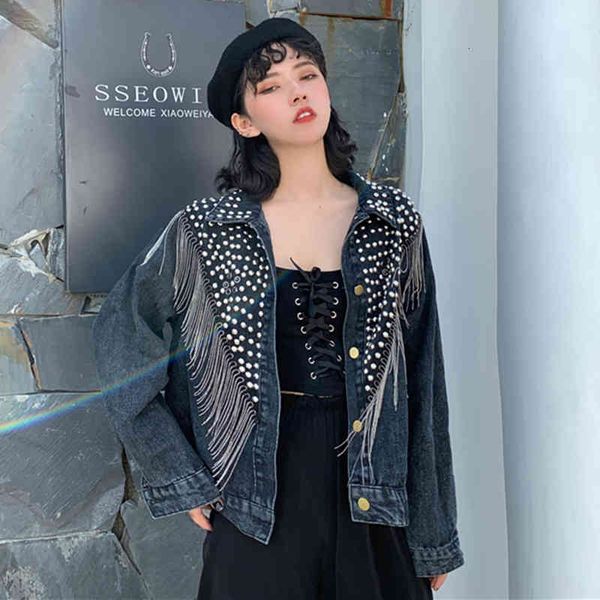 autumn streetwear denim hand-studded rivet tassel chain short jeans jacket loose black women outerwear, Black;brown
autumn streetwear denim hand-studded rivet tassel chain short jeans jacket loose black women outerwear, Black;brown