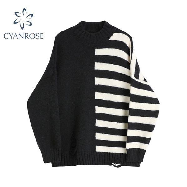 autumn vintage patchwork striped sweater women oversized loose knitted sweaters long sleeve pullover female jumper 210430, White;black
autumn vintage patchwork striped sweater women oversized loose knitted sweaters long sleeve pullover female jumper 210430, White;black