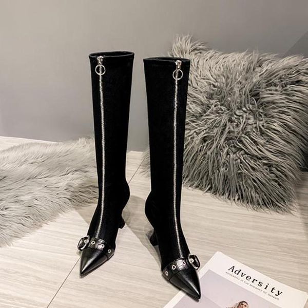 boots fashion black high heel stretch spring front zipper metal buckle women's pointed stiletto ladies
boots fashion black high heel stretch spring front zipper metal buckle women's pointed stiletto ladies