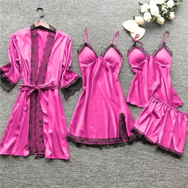 4 pcs pajamas silk solid womens sleepwears color pajama set satin pyjamas lace pijama nightie sleepwear home clothes robe, Black;red
4 pcs pajamas silk solid womens sleepwears color pajama set satin pyjamas lace pijama nightie sleepwear home clothes robe, Black;red