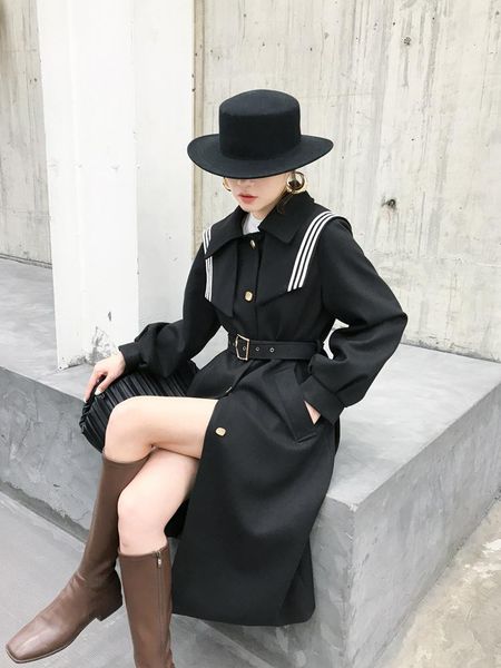 women's wool & blends college style fashion 2021 autumn and winter coat medium long hepburn navy collar, Black
women's wool & blends college style fashion 2021 autumn and winter coat medium long hepburn navy collar, Black