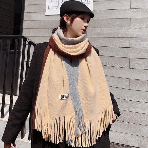scarves autumn color matching knitted scarf women winter korean wild long thick double-sided shawl elegant student wool snood, Blue;gray 
scarves autumn color matching knitted scarf women winter korean wild long thick double-sided shawl elegant student wool snood, Blue;gray
