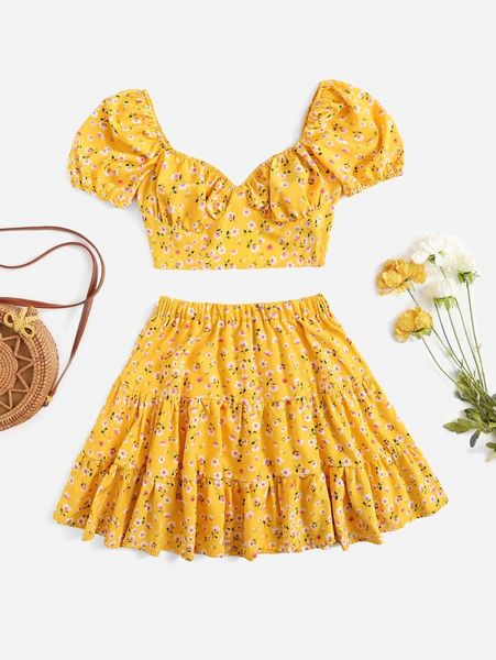 ditsy floral tie back & ruffle hem skirt set g4qi#, White
ditsy floral tie back & ruffle hem skirt set g4qi#, White