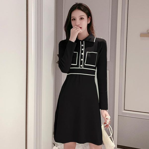 casual dresses spring autumn women's dress french style contrasting color lapel long sleeve knit a-line short gx626, Black;gray 
casual dresses spring autumn women's dress french style contrasting color lapel long sleeve knit a-line short gx626, Black;gray
