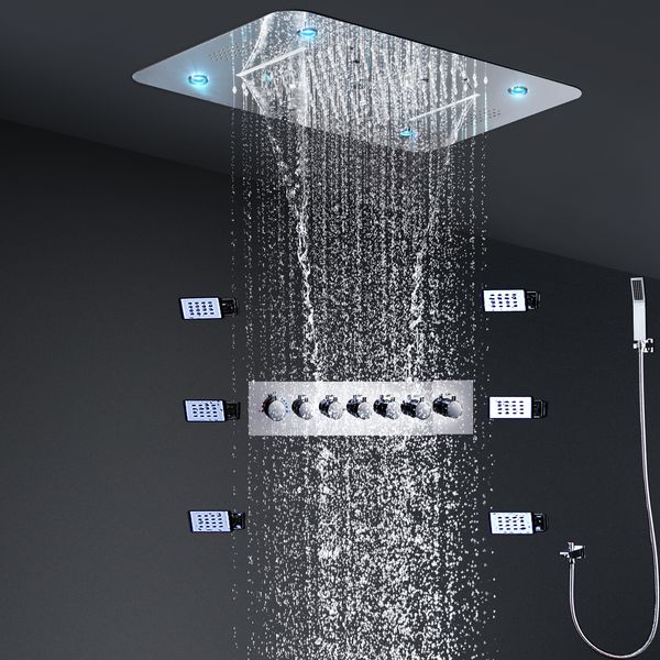 

Bathroom New Design Music Shower Set 4 Functions Mist Waterfall Water Column Rain LED Showerhead Panel 380 x 580 mm With Massage Body Jets Faucets