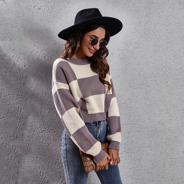 european american new women's knits & tees purple plaid matching long sleeve knitted sweater loose autumn winter clothing, White
european american new women's knits & tees purple plaid matching long sleeve knitted sweater loose autumn winter clothing, White