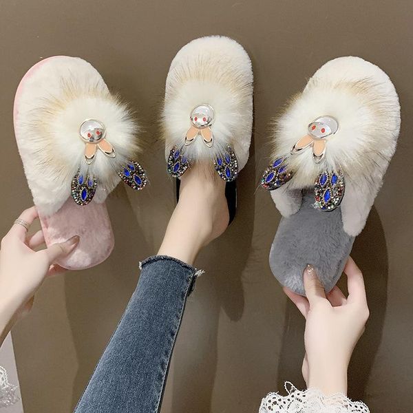 women's slippers round head designer shoes luxury 2021 rhinestone baotou fur crystal diamond flat, Black 
women's slippers round head designer shoes luxury 2021 rhinestone baotou fur crystal diamond flat, Black